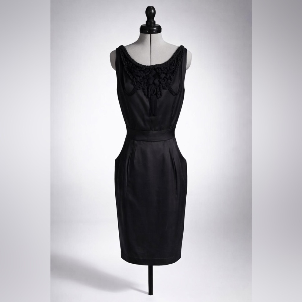Nanette Lepore Silk Cocktail Midi Dress, silk cord braided detail, pockets, 8